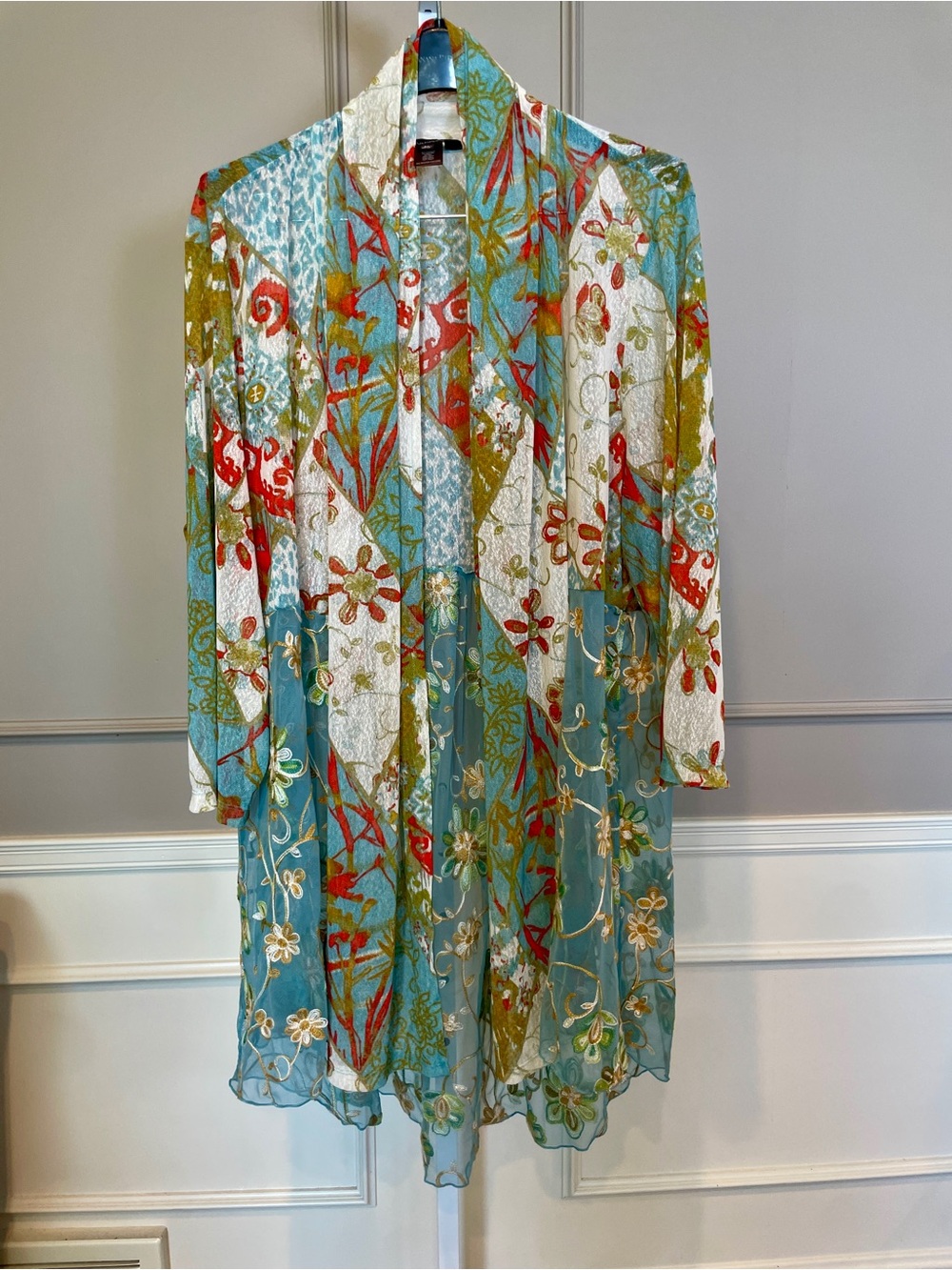 Multiples 3X Duster Cardigan Open Front Embroidered Floral Mixed Print Long